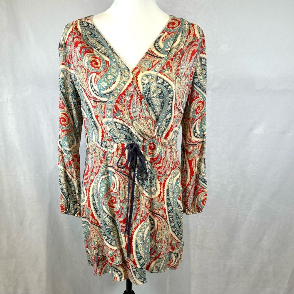 Kori long sleeve orange and aqua paisley print double layer dress size small